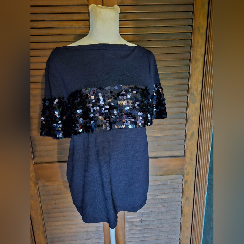 Banana Republic Navy Blue Silk Blend Top with Sequined Stripe